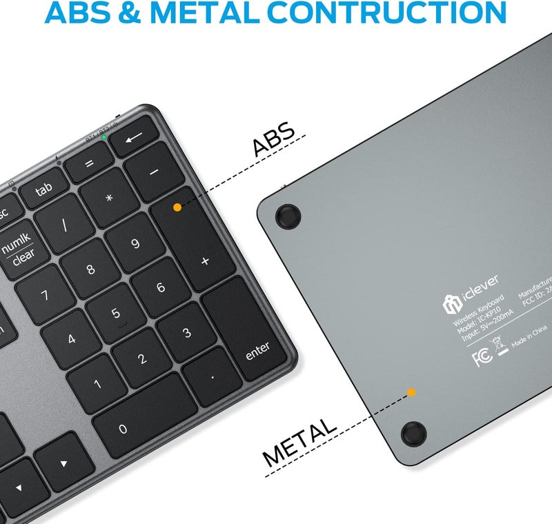 iClever Number Pad, Aluminum Wireless Number Pad for Multi Devices, USB-C Rechargeable, External 34-Keys Bluetooth Keyboard for Data Entry, Compatible for Laptop, Mac, iMac, Tablet, PC Desktop - Image 4